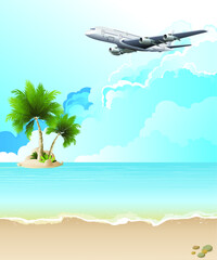 Fototapeta na wymiar Tropical island beach scene with passenger aircraft flying over set against a blue cloudy sky