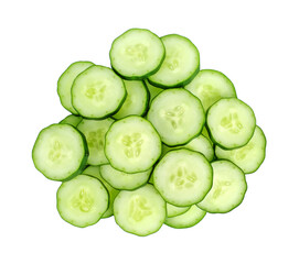 Pile of cucumber slices isolated on white background, top view.