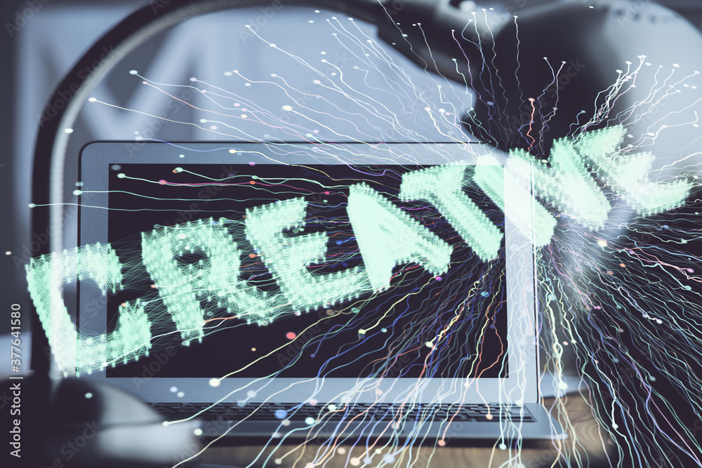 Poster Desktop computer background in office and start up theme hologram drawing. Double exposure. Startup concept.