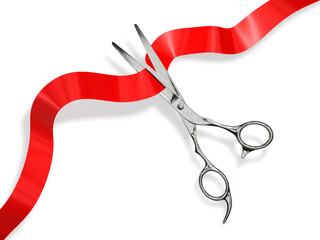 Scissors and cut red ribbon 3d rendering