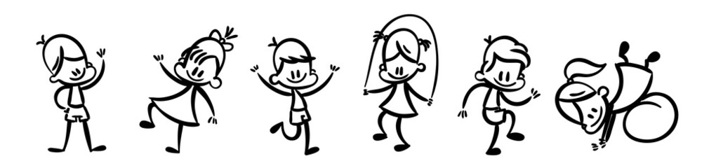 Collection of happy cartoon kids, lined hand drawn doodle outline style