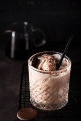 vanilla ice cream with iced coffee and chocolate in a glass