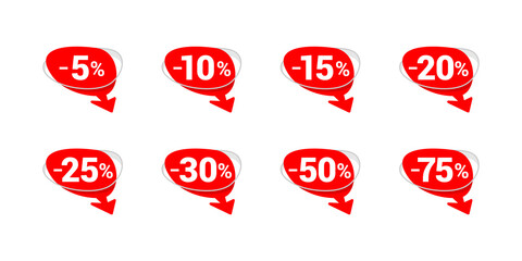 Sale tag set in dialog box (message bubble) form with arrow down and different percentage - 5, 10, 15, 20, 25, 30 50 and 75 - vector elements