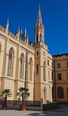 Fototapeta premium Lednice Castle in South Moravia is Neo-Gothic Chateau.The Lednice-Valtice Area is registered in the list of Monuments Protected as World Heritage Sites.