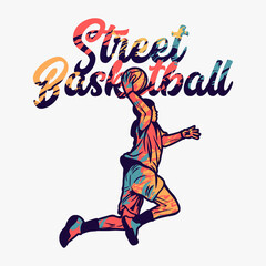 Fototapeta na wymiar vector illustration street basketball with man doing slam dunk when playing basketball vector artwork