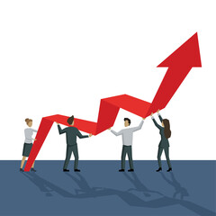 Low poly people group holding chart scheme with arrow up - vector concept for illustration of profit, growth, success