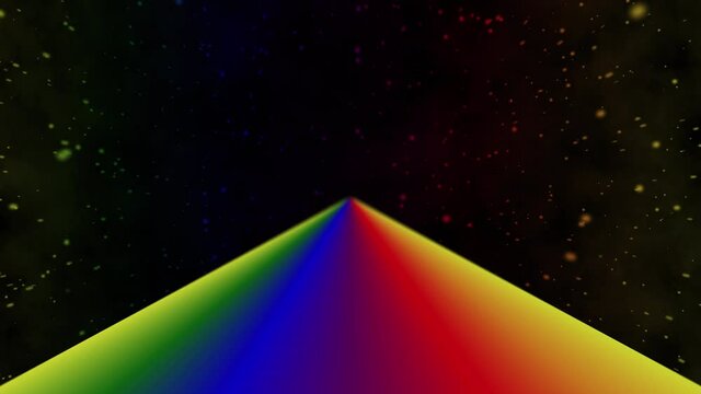 Moving down a rainbow road, with a rainbow background and flying rainbow particles.