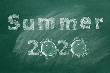 Hand drawing text "Summer 2020" on green chalkboard.  Covid-19 concept.