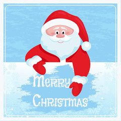 Cute Santa Claus wipes frozen glass. Merry Christmas greeting card. Vector illustration in cartoon flat style