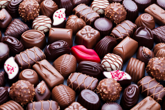 Assortment of fine chocolate candies, white, dark and milk chocolate. Sweets background. Close up.