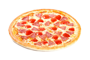 Pizza with ham and tomato isolated on white background