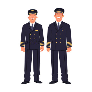 Two pilots of a passenger plane are wearing uniforms. Ship captain and co-pilot, airline employees on a white background