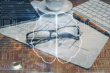Brain drawings with glasses on the table background. Double exposure.