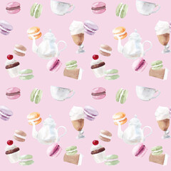 Fototapeta na wymiar Watercolor seamless pattern with cups, cakes and macoroons