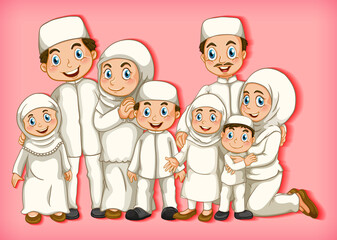 Muslim family member on cartoon character colour gradient background