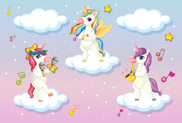 Three cute unicorn or pegasus standing on clouds in pastel sky