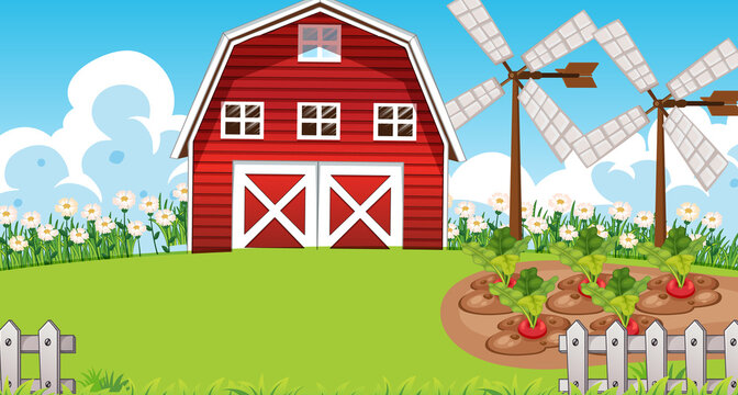 Farm scene in nature with barn and windmill