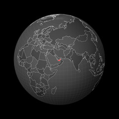 Dark globe centered to UAE. Country highlighted with red color on world map. Satellite world projection. Astonishing vector illustration.