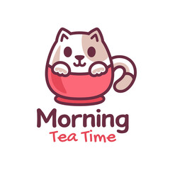 cute little Cat on the cup logo design