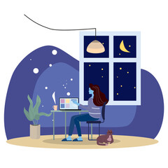 Girl Freelancer working at home night with laptop and cat. Remote work home office interior. Vector illustration isolated