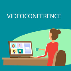 Woman talking videoconference night home at laptop. Online videocall chat, online meeting team remote comunication meeting. Vector illustration