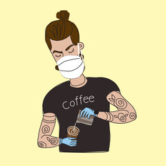 Young bearded barista in a medical mask prepares coffee. Vector illustration