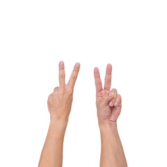 A white male hand gesture showing a finger count on a white background. clipping path.
