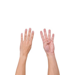 A white male hand gesture showing a finger count on a white background. clipping path.