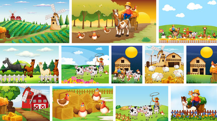 Naklejka premium Set of different farm scenes with animal farm cartoon style