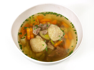 Beef Bone Marrow Soup with Vegetables and Spice isolated on white Background
