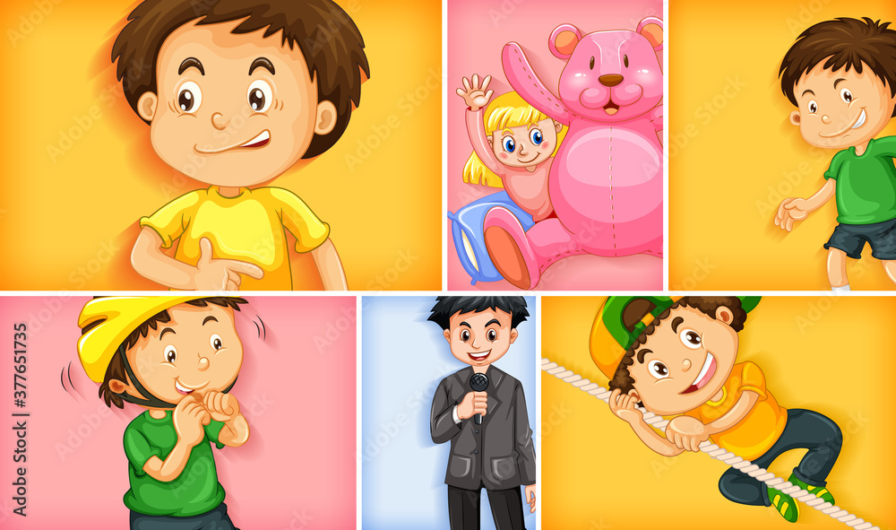 Wall mural set of different kid characters on different color background