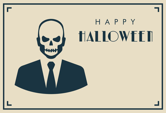 Feliz Halloween. Día de los muertos. Disfraz de zombi. Tarjeta de invitación con esqueleto con traje y tipografía en fondo gris