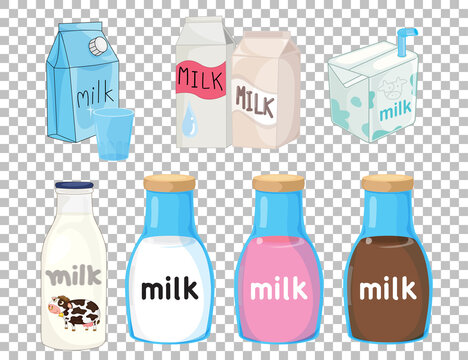 Set of different types of milk package isolated on transparent background