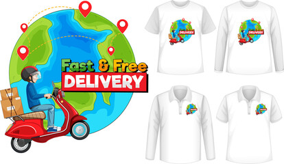 Naklejka premium Set of different types of shirts with fast and free delivery logo screen on shirts