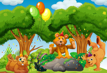 Many bears in party theme in nature forest background