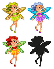Set of fairy characters and its silhouette on white background