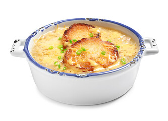 Tasty homemade french onion soup isolated on white