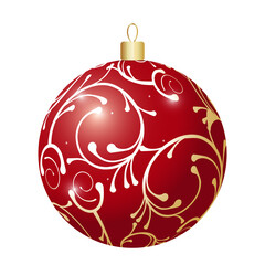 Red shiny christmas ball on a white background. Golden ornament. Vector illustration.