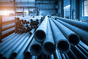 The steel pipes are stacked in the workshop warehouse