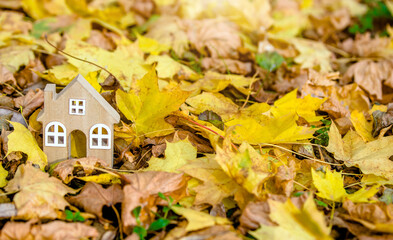 The symbol of the house stands among the fallen autumn leaves