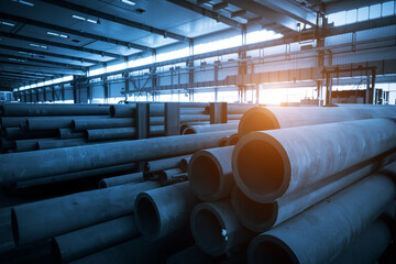 The steel pipes are stacked in the workshop warehouse