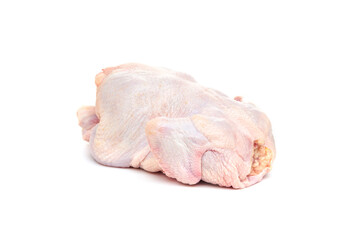 Fresh raw chicken carcass on a white background.