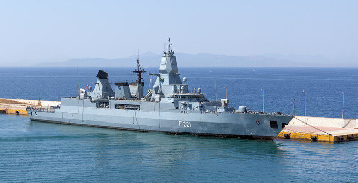PIRAEUS, GREECE - JULY 7: German frigate Hessen docked in Piraeus port on July 7, 2019. Hessen is the third and final ship of the Sachsen class to be commissioned into the German Navy.