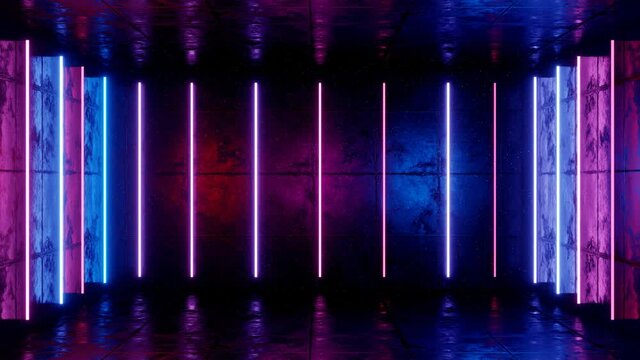 Neon background. Purple and blue neon background appears and disappears. Bright live neon background. Room.