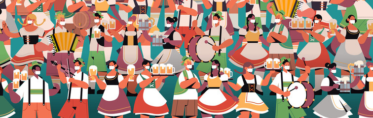 crowd of people in medical masks drinking beer Oktoberfest party celebration coronavirus quarantine concept mix race men women having fun horizontal portrait vector illustration