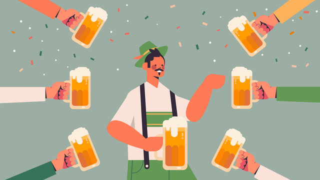 hands around man holding beer mugs Oktoberfest party celebration concept guy wearing german traditional clothes portrait horizontal vector illustration