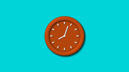 Brown color counting down 3d wall clock icon on cyan background,3d clock