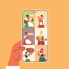 people on smartphone screen celebrating Oktoberfest party beer festival online communication concept mix race friends discussing during video call portrait vector illustration