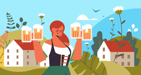 waitress holding beer mugs Oktoberfest party celebration concept woman wearing german traditional clothes landscape background portrait horizontal vector illustration