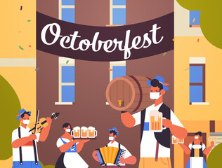 people holding beer mugs and playing musical instruments Oktoberfest party celebration concept men women having fun ityscape portrait vector illustration